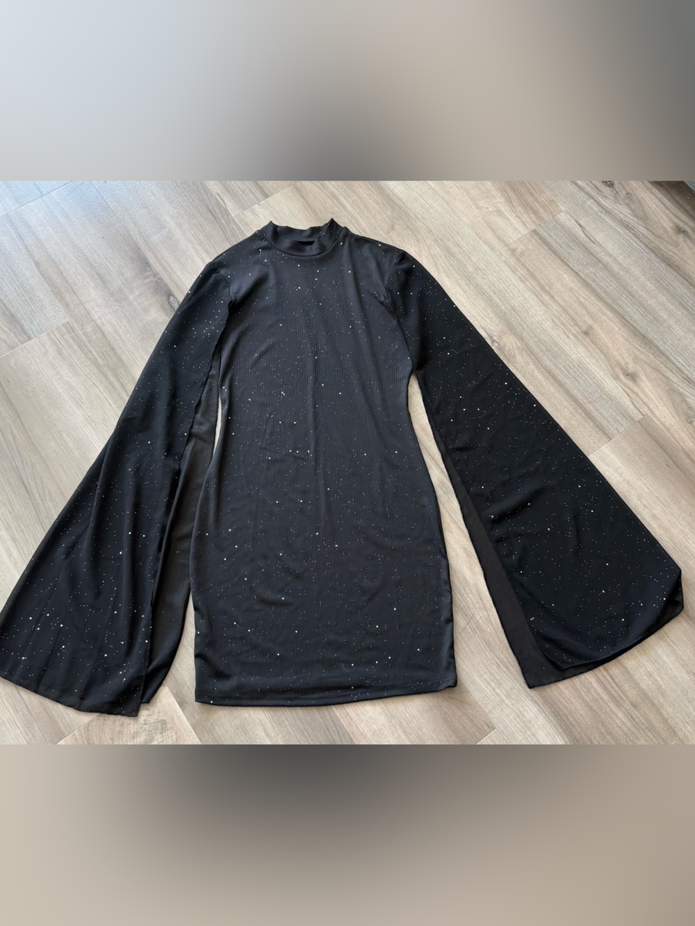Black Long Sleeve Sparkle Bell-Sleeve Dress